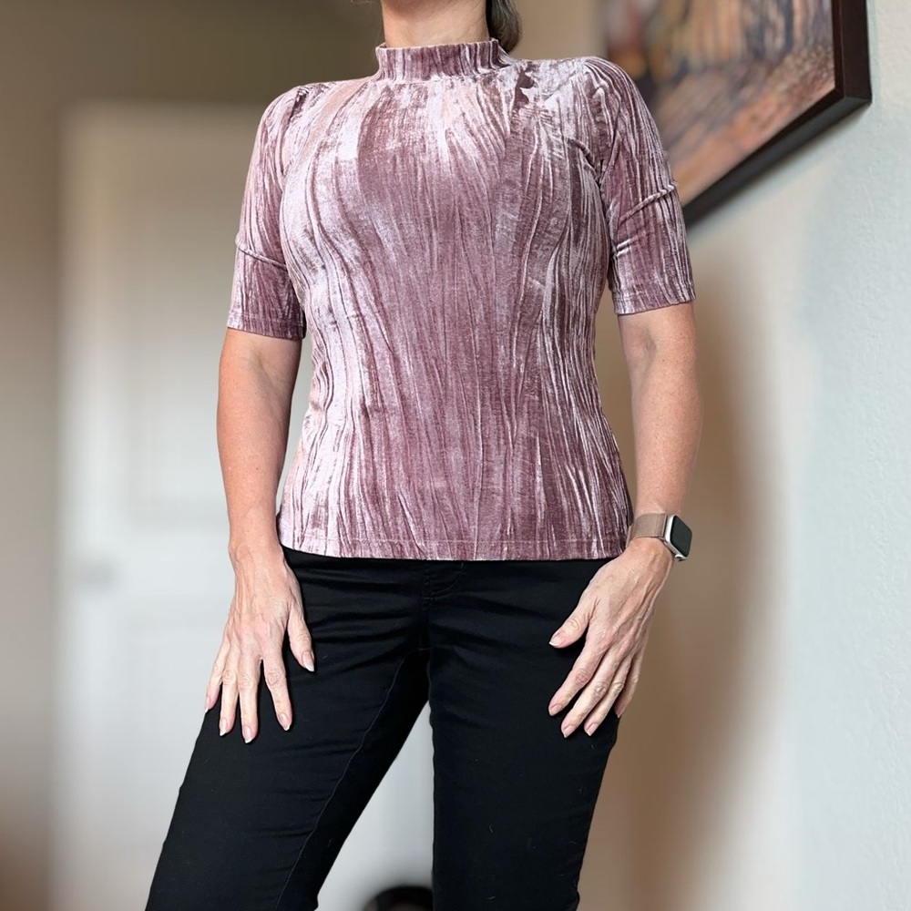 Pilcro Pink Fitted Velour Blouse with Mandarin Collar
